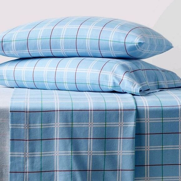 NWT Target Wondershop Winter Christmas Flannel Sheet Set Blue Plaid, Full Size - Picture 1 of 5